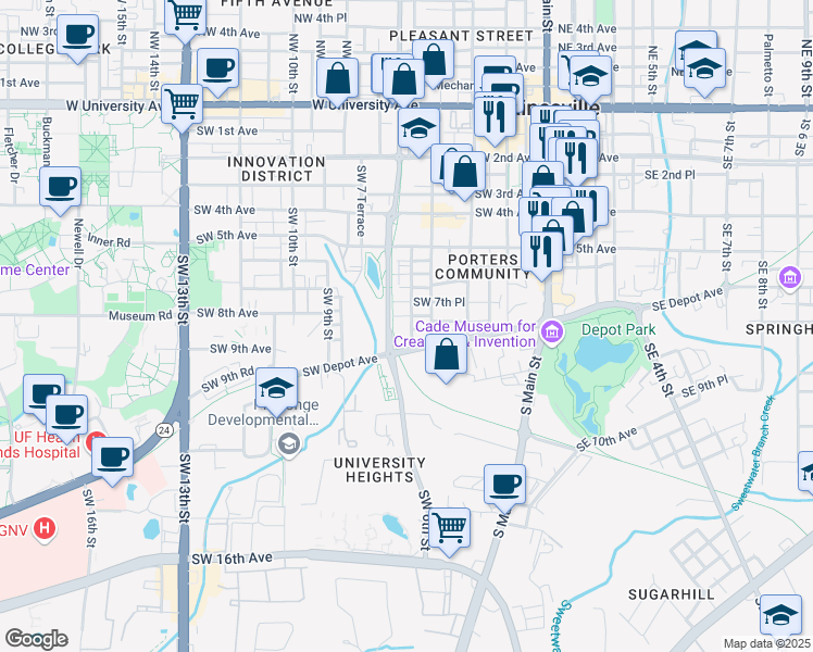 map of restaurants, bars, coffee shops, grocery stores, and more near 810 Southwest 5th Terrace in Gainesville
