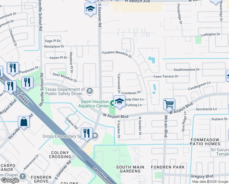 map of restaurants, bars, coffee shops, grocery stores, and more near 12203 Ripple Glen Drive in Houston
