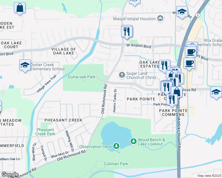 map of restaurants, bars, coffee shops, grocery stores, and more near 15630 Lost Maples Drive in Sugar Land