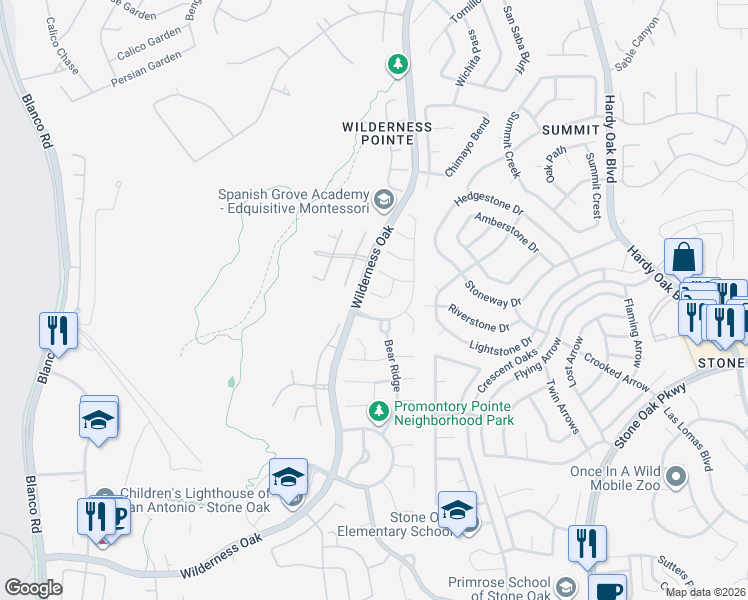 map of restaurants, bars, coffee shops, grocery stores, and more near 21710 Beaver Bend Court in San Antonio