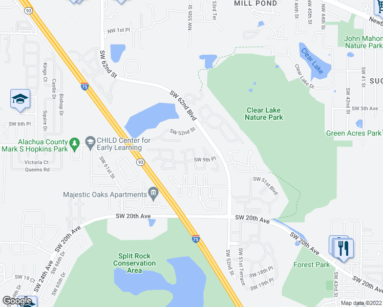 map of restaurants, bars, coffee shops, grocery stores, and more near 824 Southwest 55th Terrace in Gainesville