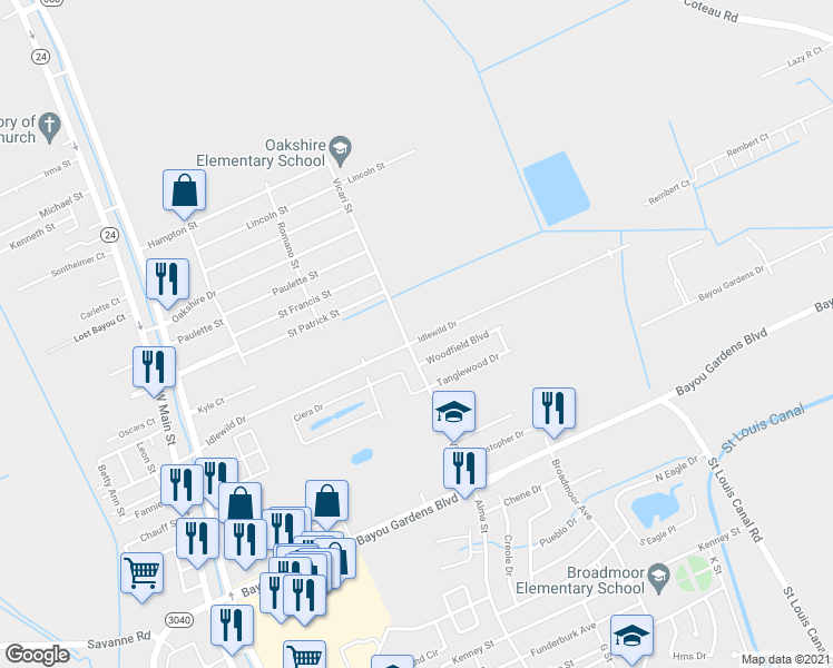 map of restaurants, bars, coffee shops, grocery stores, and more near 401 Idlewild Drive in Houma