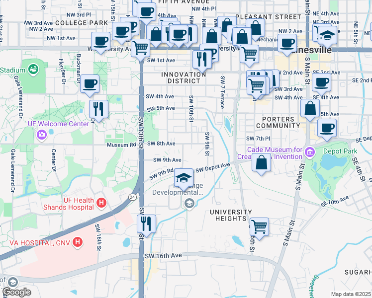 map of restaurants, bars, coffee shops, grocery stores, and more near 815 Southwest 10th Street in Gainesville