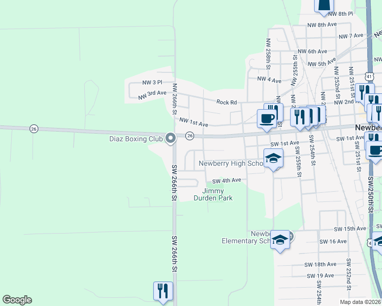 map of restaurants, bars, coffee shops, grocery stores, and more near 26503 Southwest 1st Avenue in Newberry
