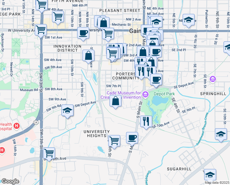 map of restaurants, bars, coffee shops, grocery stores, and more near 405 Southwest 8th Avenue in Gainesville