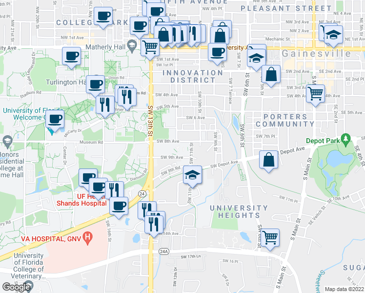 map of restaurants, bars, coffee shops, grocery stores, and more near 1122 East Panhellenic Drive in Gainesville
