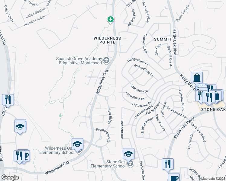 map of restaurants, bars, coffee shops, grocery stores, and more near 21819 Prospect Hill in San Antonio