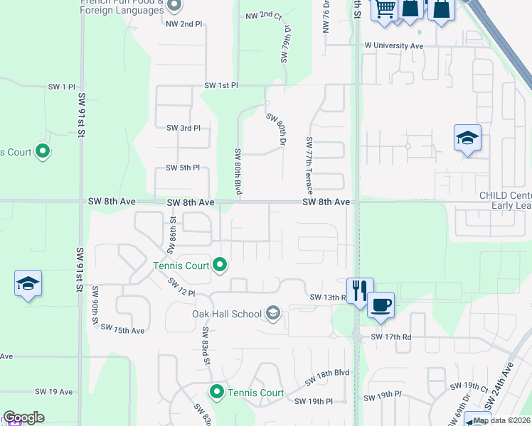 map of restaurants, bars, coffee shops, grocery stores, and more near 818 Southwest 80th Terrace in Gainesville