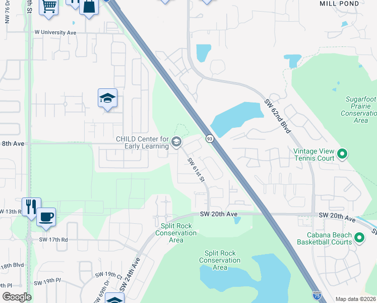 map of restaurants, bars, coffee shops, grocery stores, and more near 6162 Southwest 8th Lane in Gainesville