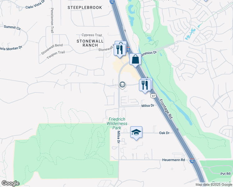 map of restaurants, bars, coffee shops, grocery stores, and more near 21710 Granada Hill in San Antonio