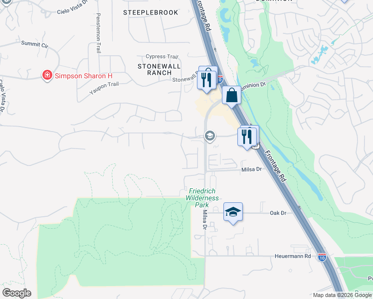 map of restaurants, bars, coffee shops, grocery stores, and more near 21706 Chaucer Hill in San Antonio