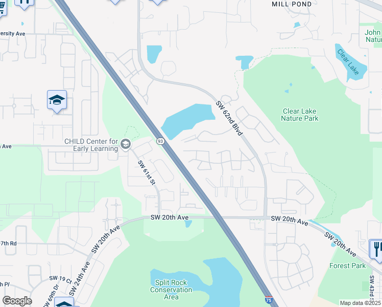 map of restaurants, bars, coffee shops, grocery stores, and more near 829 Southwest 58 Terrace in Gainesville