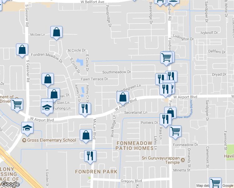 map of restaurants, bars, coffee shops, grocery stores, and more near 7907 Candle Green Lane in Houston