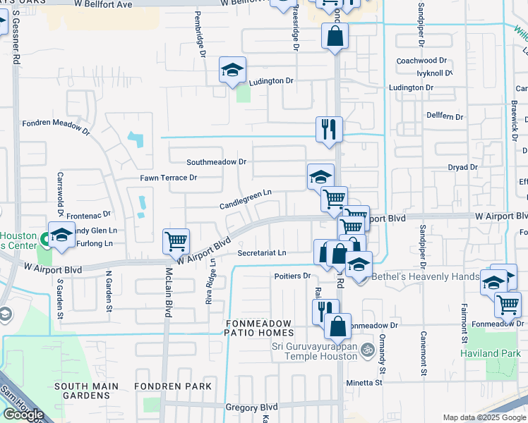 map of restaurants, bars, coffee shops, grocery stores, and more near 7700 West Airport Boulevard in Houston