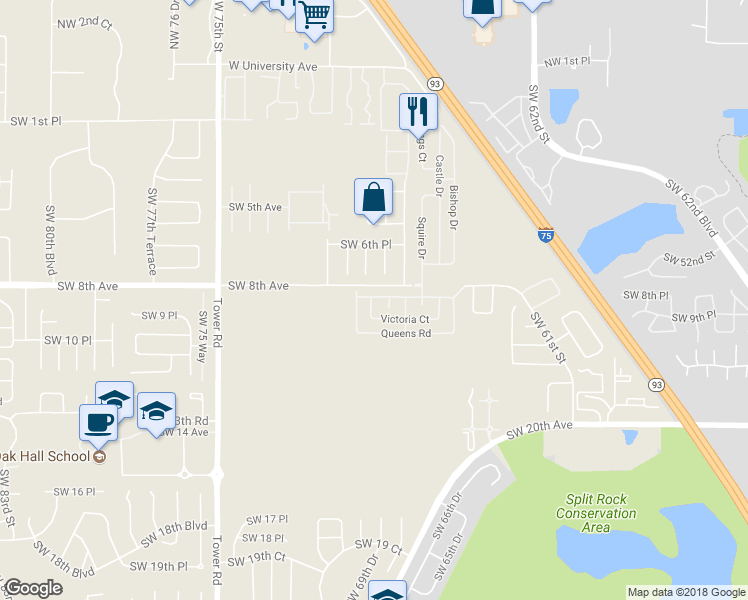 map of restaurants, bars, coffee shops, grocery stores, and more near 621 Queens Road in Gainesville