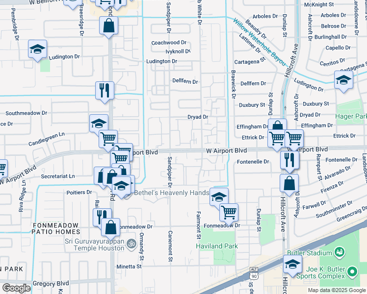 map of restaurants, bars, coffee shops, grocery stores, and more near 6335 Shadow Tree Drive in Houston