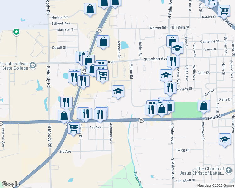 map of restaurants, bars, coffee shops, grocery stores, and more near 302 Mellon Road in Palatka