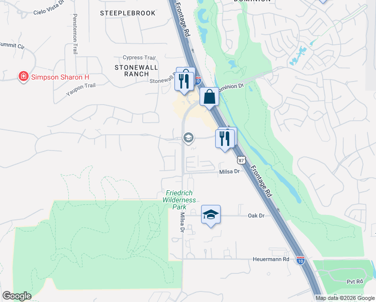 map of restaurants, bars, coffee shops, grocery stores, and more near 21710 Granada Hill in San Antonio