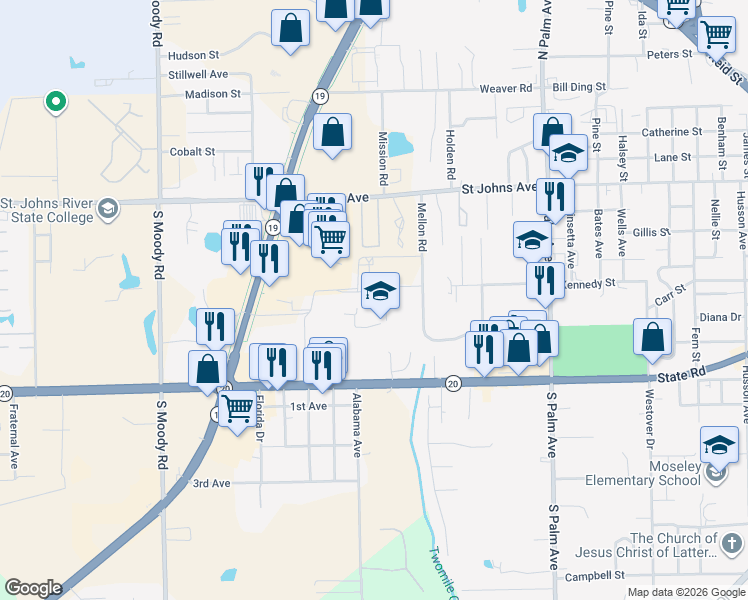 map of restaurants, bars, coffee shops, grocery stores, and more near 302 Mellon Road in Palatka