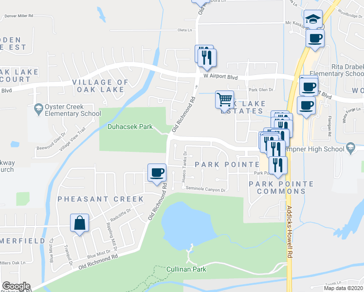 map of restaurants, bars, coffee shops, grocery stores, and more near 15630 Lost Maples Drive in Sugar Land