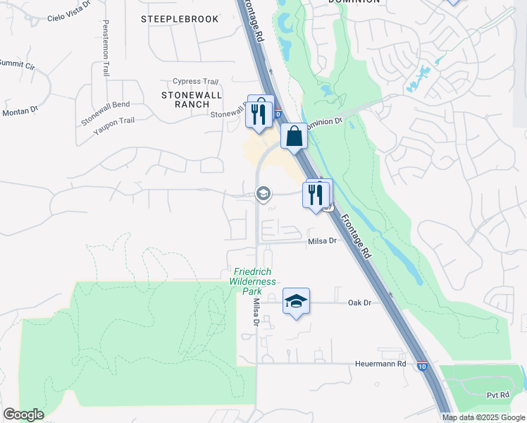 map of restaurants, bars, coffee shops, grocery stores, and more near 21626 Stonewall Parkway in San Antonio