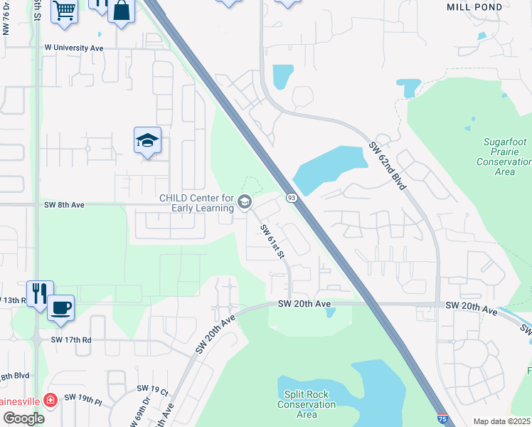 map of restaurants, bars, coffee shops, grocery stores, and more near 6162 Southwest 8th Lane in Gainesville
