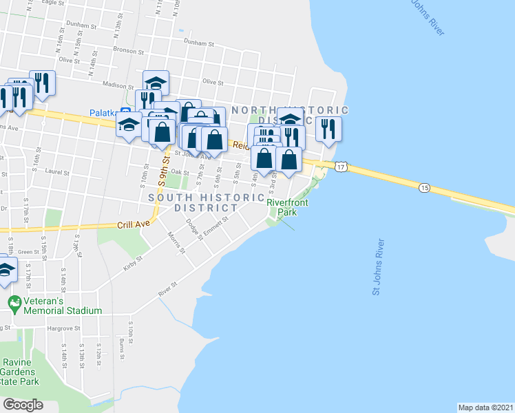 map of restaurants, bars, coffee shops, grocery stores, and more near 313 Laurel Street in Palatka