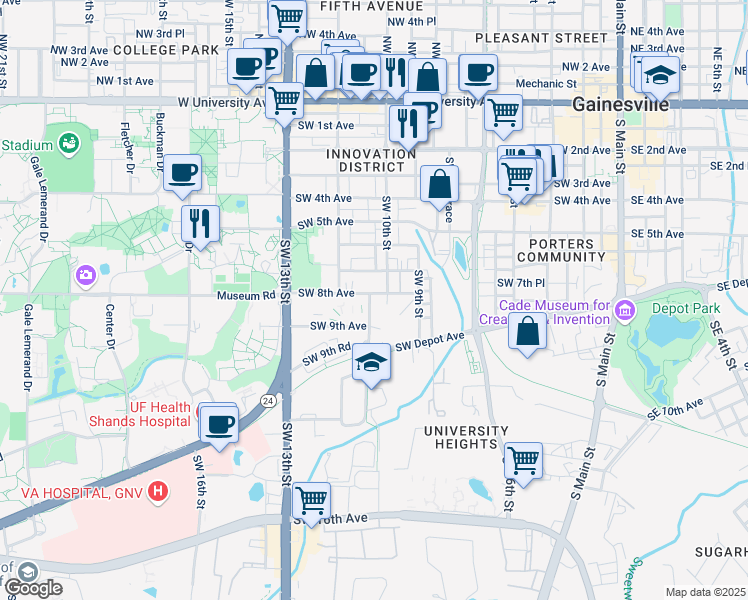 map of restaurants, bars, coffee shops, grocery stores, and more near 825 Southwest 11th Street in Gainesville