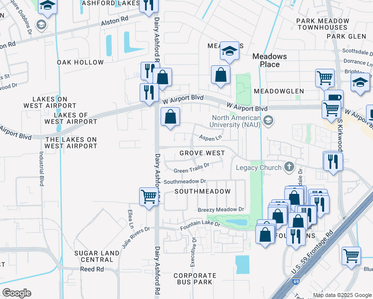 map of restaurants, bars, coffee shops, grocery stores, and more near 12104 Emerald Leaf in Stafford
