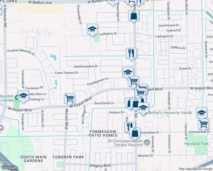 map of restaurants, bars, coffee shops, grocery stores, and more near 7700 West Airport Boulevard in Houston