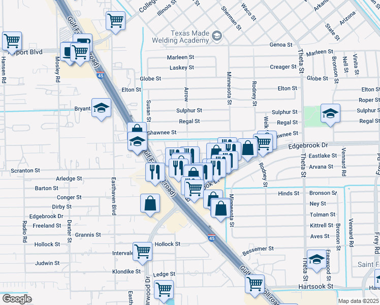 map of restaurants, bars, coffee shops, grocery stores, and more near 1201 Redford Street in Houston