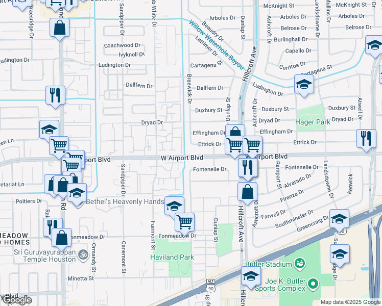 map of restaurants, bars, coffee shops, grocery stores, and more near 6038 West Airport Boulevard in Houston