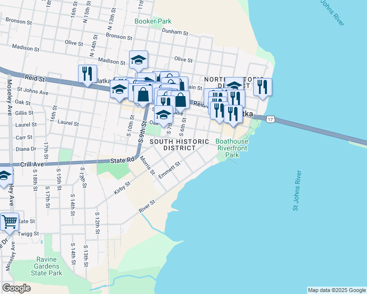 map of restaurants, bars, coffee shops, grocery stores, and more near 417 Kirby Street in Palatka