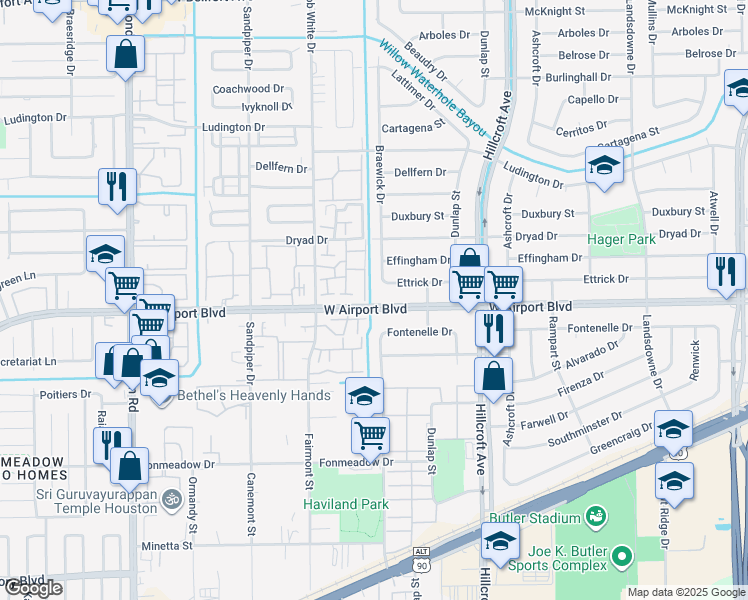 map of restaurants, bars, coffee shops, grocery stores, and more near 6038 West Airport Boulevard in Houston