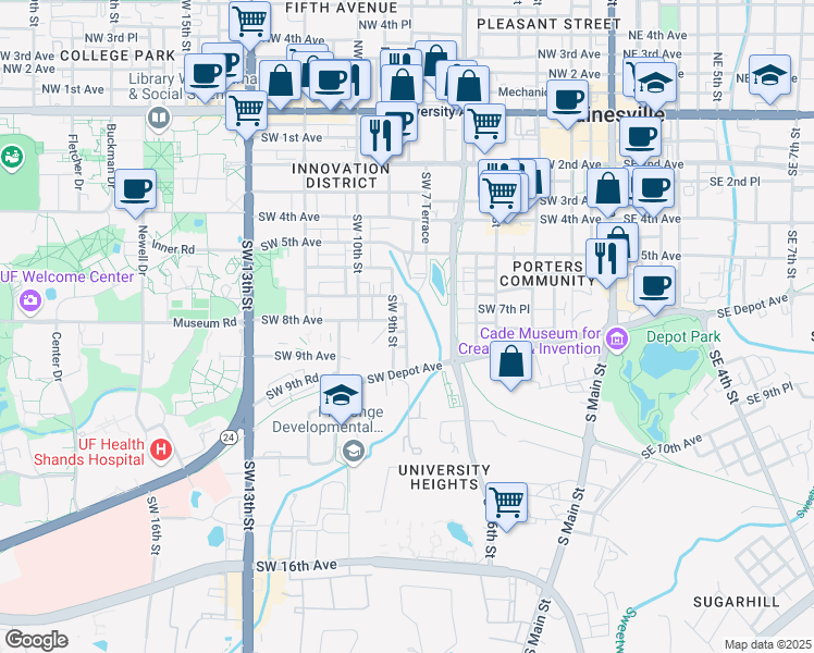 map of restaurants, bars, coffee shops, grocery stores, and more near 812 Southwest 8 Street in Gainesville