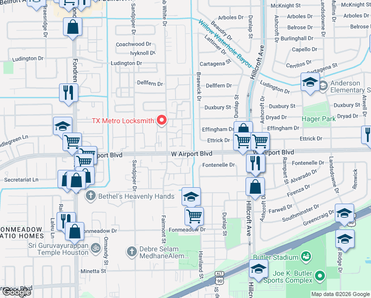 map of restaurants, bars, coffee shops, grocery stores, and more near 6160 West Airport Boulevard in Houston