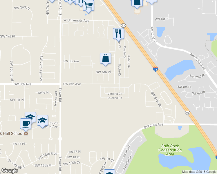 map of restaurants, bars, coffee shops, grocery stores, and more near 606 Queens Road in Gainesville