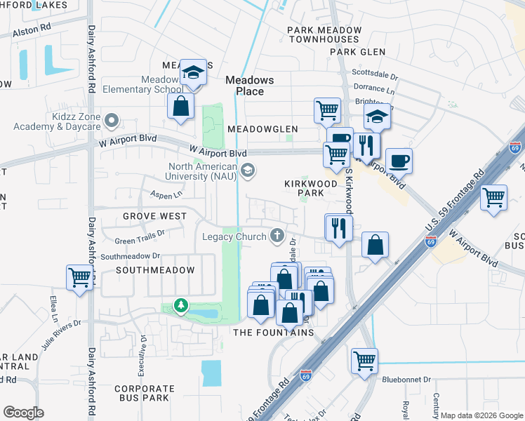 map of restaurants, bars, coffee shops, grocery stores, and more near 4930 Sugar Grove Boulevard in Stafford