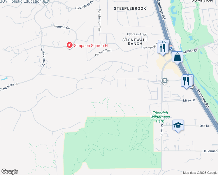 map of restaurants, bars, coffee shops, grocery stores, and more near 21703 Miranda Hill in San Antonio