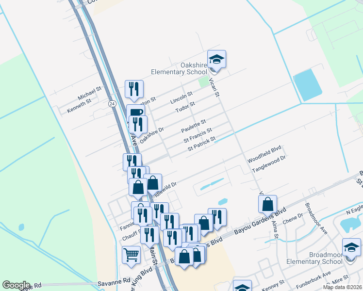 map of restaurants, bars, coffee shops, grocery stores, and more near 213 Saint Patrick Street in Houma