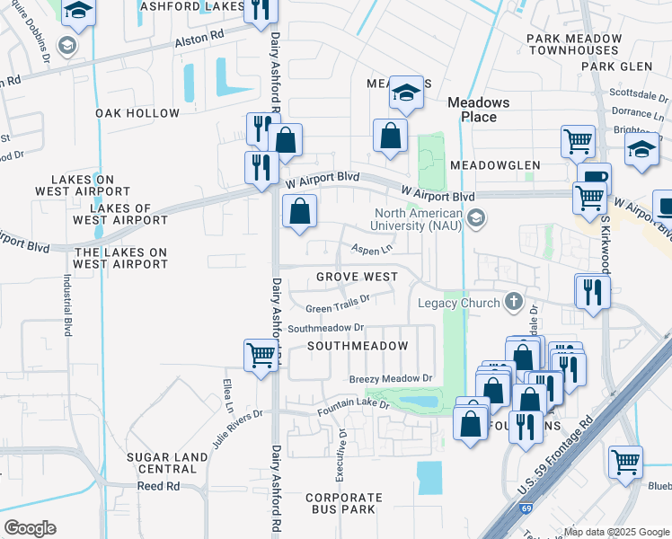 map of restaurants, bars, coffee shops, grocery stores, and more near 12104 Emerald Leaf in Stafford