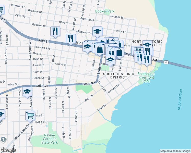 map of restaurants, bars, coffee shops, grocery stores, and more near 913 Carr Street in Palatka