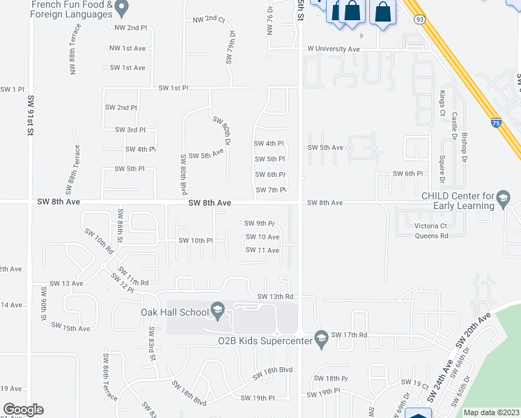 map of restaurants, bars, coffee shops, grocery stores, and more near 7713 Southwest 8th Avenue in Gainesville
