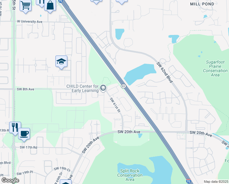map of restaurants, bars, coffee shops, grocery stores, and more near 6162 Southwest 8th Lane in Gainesville