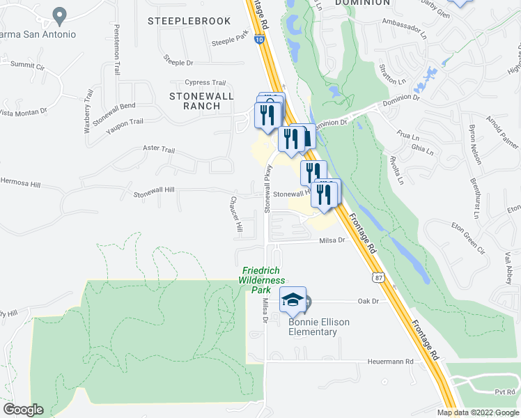 map of restaurants, bars, coffee shops, grocery stores, and more near 21714 Granada Hill in San Antonio