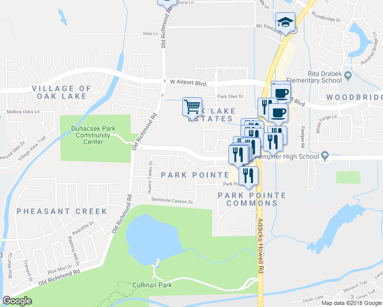 map of restaurants, bars, coffee shops, grocery stores, and more near 15274 Voss Road in Sugar Land