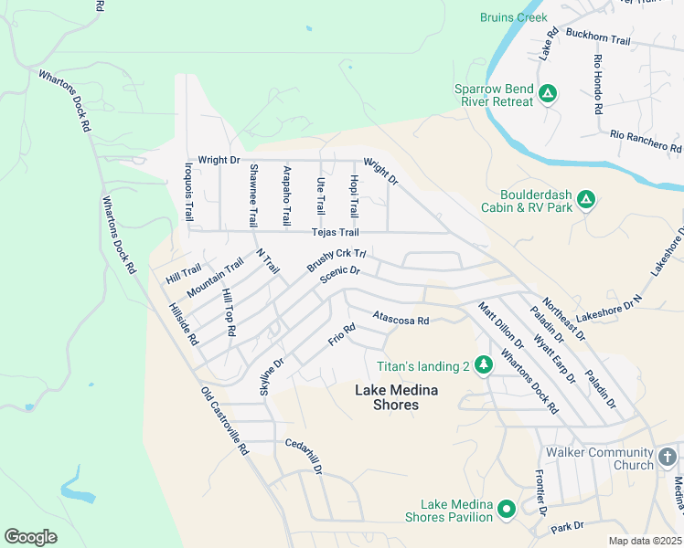 map of restaurants, bars, coffee shops, grocery stores, and more near 610 Scenic Drive in Bandera