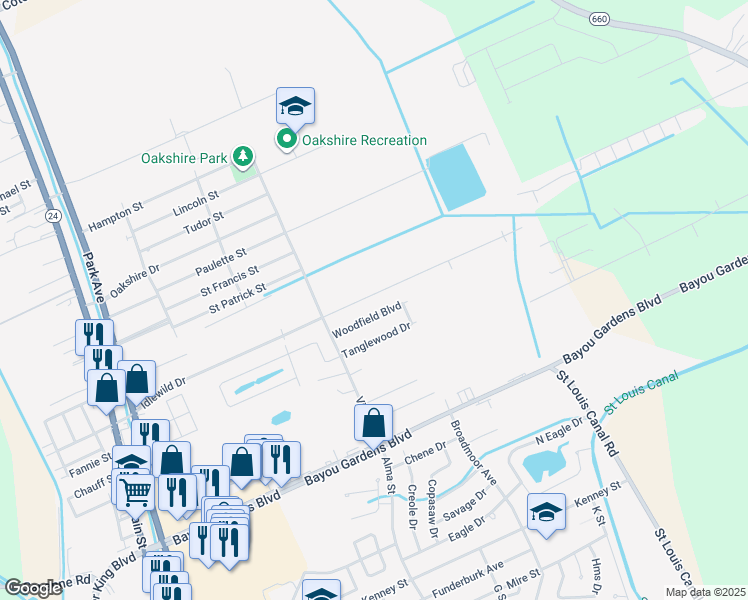 map of restaurants, bars, coffee shops, grocery stores, and more near 425 Woodfield Boulevard in Houma