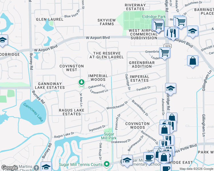 map of restaurants, bars, coffee shops, grocery stores, and more near 13806 Lynnwood Lane in Sugar Land