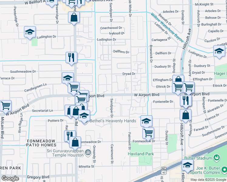 map of restaurants, bars, coffee shops, grocery stores, and more near 12244 Sandpiper Drive in Houston